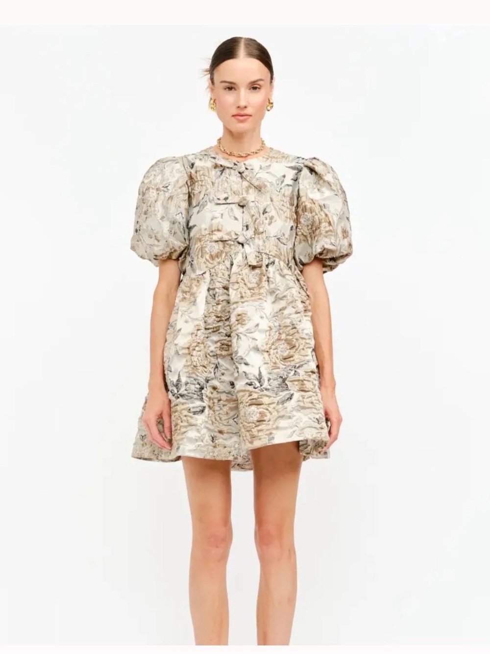 Floral Puff-Sleeve Mini Dress in Cream and Tan